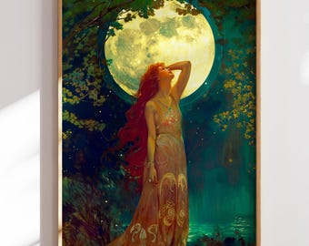 Moon Goddess Wall Art Print, Divine Feminine Lunar Decor, Mystical Woman Artwork