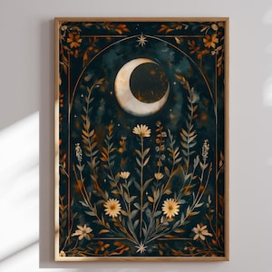 Ornate Crescent Moon Folk Art • Botanical Witchy Wall Decor