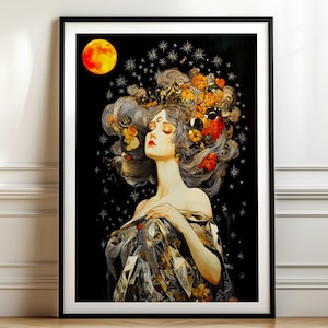 Selene Harvest Moon Goddess Print – Divine Feminine Lunar Wall Art, Autumn Celestial Decor, Mystical  Mythological Archetype Artwork