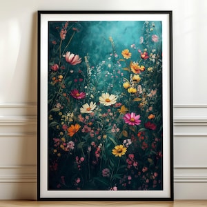 Vibrant Wildflower Field Art, Moody Meadow Fine Art Print, Vintage Botanical Wall Decor, Modern Farmhouse Floral Painting, Nature Wall Art