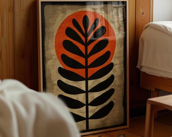 Moderne botanische print uit het midden van de eeuw | Grafische volksbloemkunst aan de muur | Scandinavisch zondecor | Warm, aards statement-kunstwerk