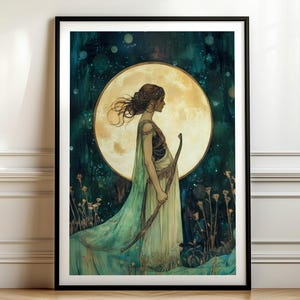 Artemis Wall Art - Nature Goddess of Hunting Print, Greek Mythology Feminine Archetype Decor, Art Nouveau Pagan Mythological Painting