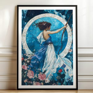 Artemis Wall Art - Art Nouveau Style Print, Greek Goddess of Hunting Decor, Divine Feminine Greek Mythology Artwork, Mythological Goddesses