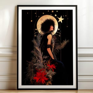 Mystical Moon Goddess Wall Art - Celestial Divine Feminine Portrait, Astrology Altar Decor, Witchy Spiritual Decor, Starry Night Artwork