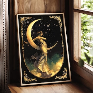 Mystical Lunar Goddess Print - Vintage Art Nouveau Crescent Moon Wall Art, Celestial Witch Decor, Ethereal Divine Feminine Elegance Artwork