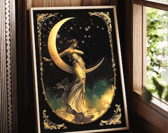 Mystical Lunar Goddess Print - Vintage Art Nouveau Crescent Moon Wall Art, Celestial Witch Decor, Ethereal Divine Feminine Elegance Artwork