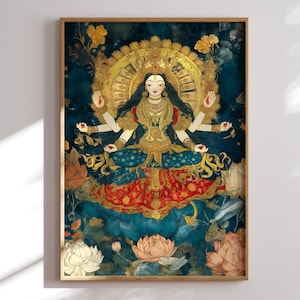 May include: A colorful illustration of a Hindu goddess with multiple arms, sitting in a lotus position. She is adorned with gold jewelry and surrounded by flowers and a blue background.