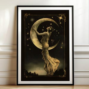 Lunar Mystical Goddess Print - Art Nouveau Style Crescent Moon & Stars Wall Art, Celestial Divine Feminine Decor, Moonlight Artwork