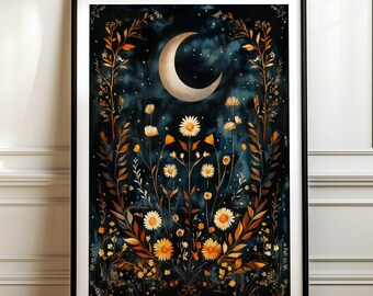 Crescent Moon Botanical Print, Celestial Folk Art, Witchy Cottagecore Decor