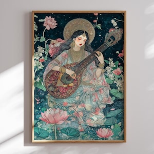 Saraswati Print - Hindu Goddess Wall Art, Divine Feminine Artwork, Art Nouveau Style Artwork, Wisdom and Creativity, Indian Mythology Decor