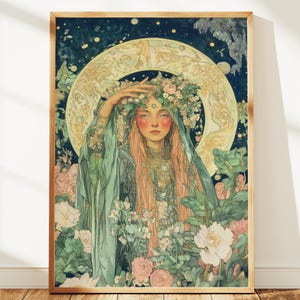 Ostara Wall Art, Goddess Botanical Print, Art Nouveau Decor image 1