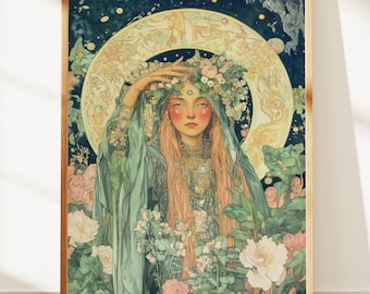 Arte mural Ostara, lámina botánica de la diosa, decoración Art Nouveau