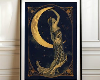 Lámina artística de la Diosa de la Luna - Decoración celestial vintage Art Nouveau