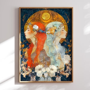 Gemini Zodiac Wall Art | Divine Feminine Astrology Print | Art Nouveau Twin Goddesses Home Decor | Star Sign Fine Art Print