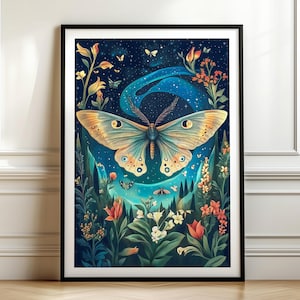 Luna Moth Wall Art - Stampa floreale con paesaggio, Estetica magica e stregonesca, Decorazione botanica celeste, Dipinto boho con falena cosmica, Giardino notturno