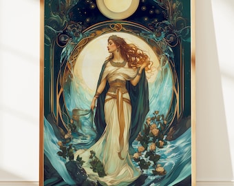 Cuadro de la diosa Danu, lámina de la diosa celta, decoración de mitología Art Nouveau, arte de la divinidad femenina.