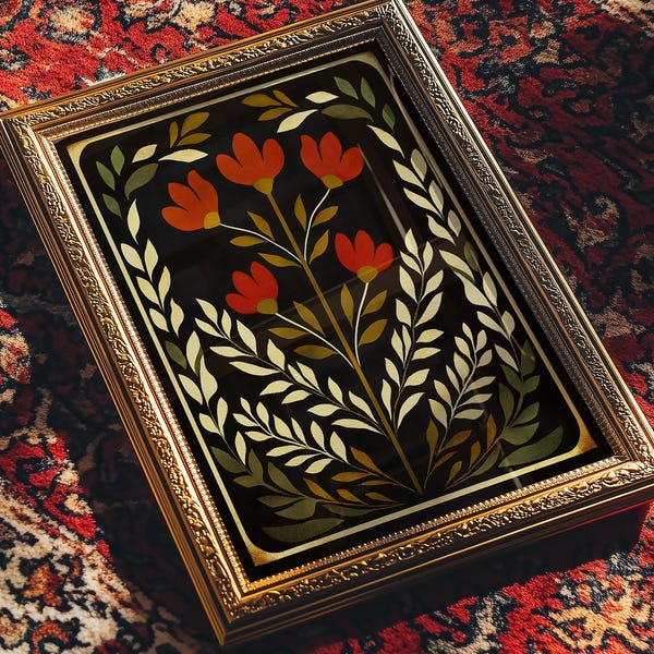 Retro Folk Floral Wall Art | Bold Midcentury Botanical Print Warm Modern Decor