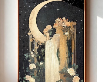 Moon Goddess Wall Art, Art Nouveau Celestial Print, Divine Feminine Decor