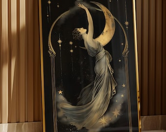 Moon Goddess Art Nouveau Print, Celestial Wall Art, Vintage Divine Feminine Decor, Instant Download