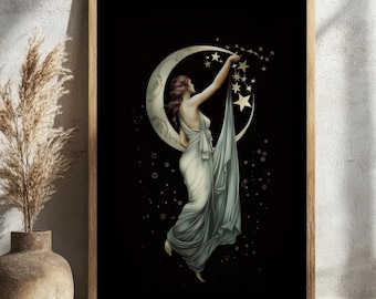 Mystic Vintage Style Art Nouveau Moon Goddess Print - Crescent Moon Wall Art Deco,  Moon & Stars Retro Decor, Divine Feminine Starry Poster