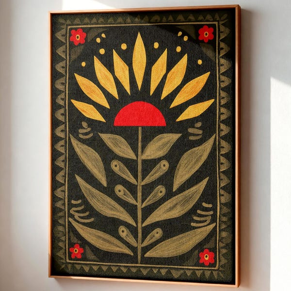 Folk Art Floral Wall Print, Scandinavian Textile Style, Nordic Rustic Decor