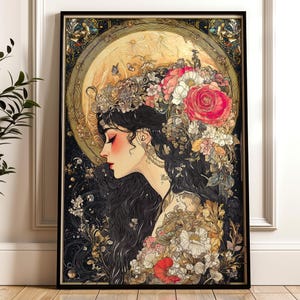 Selene in Bloom Print – Moon Goddess Wall Art, Mystical Lunar Divine Feminine Decor, Celestial Floral Art Nouveau Portrait for Sacred Spaces