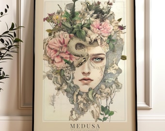 Medusa Art Nouveau posterprint - Mythologische Griekse godin muurdecoratie, donkere vrouwelijke inrichting
