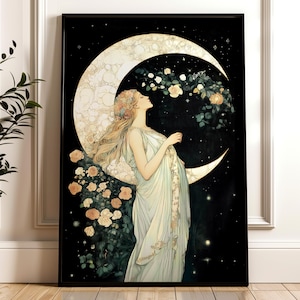 Asteria Moon Goddess Wall Art - Lunar Divine Feminine Print, Art Nouveau Celestial Poster, Greek Mythological Moon and Stars Rose Decor