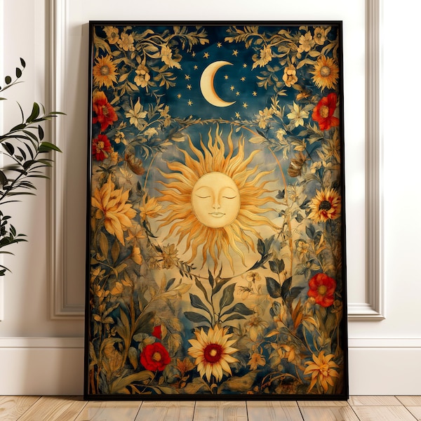 Celestial Sun Moon muurkunst, vintage botanische print, spiritueel decor