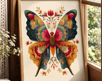 Folk Butterfly Wall Art, Colorful Botanical Print, Boho Maximalist Decor, Cottagecore Nature Artwork