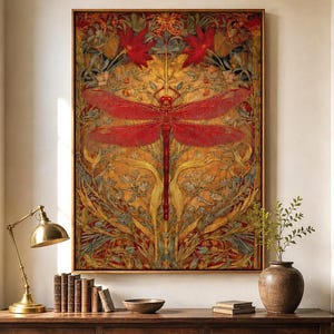 May include: A rectangular wall art print featuring a large, detailed red dragonfly centered against a golden-yellow background with intricate botanical patterns, red floral accents, and symmetrical foliage motifs in a thin wooden frame.