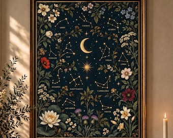 Celestial Zodiac Wall Art, Botanical Constellation Print, Astrology Poster, Dark Floral Moon and Stars Decor