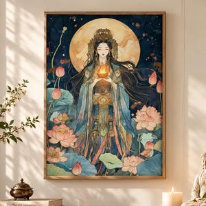 観音 ピンク 蓮の花 禅仏教 スピリチュアル 女神 アート ポスター 絵画