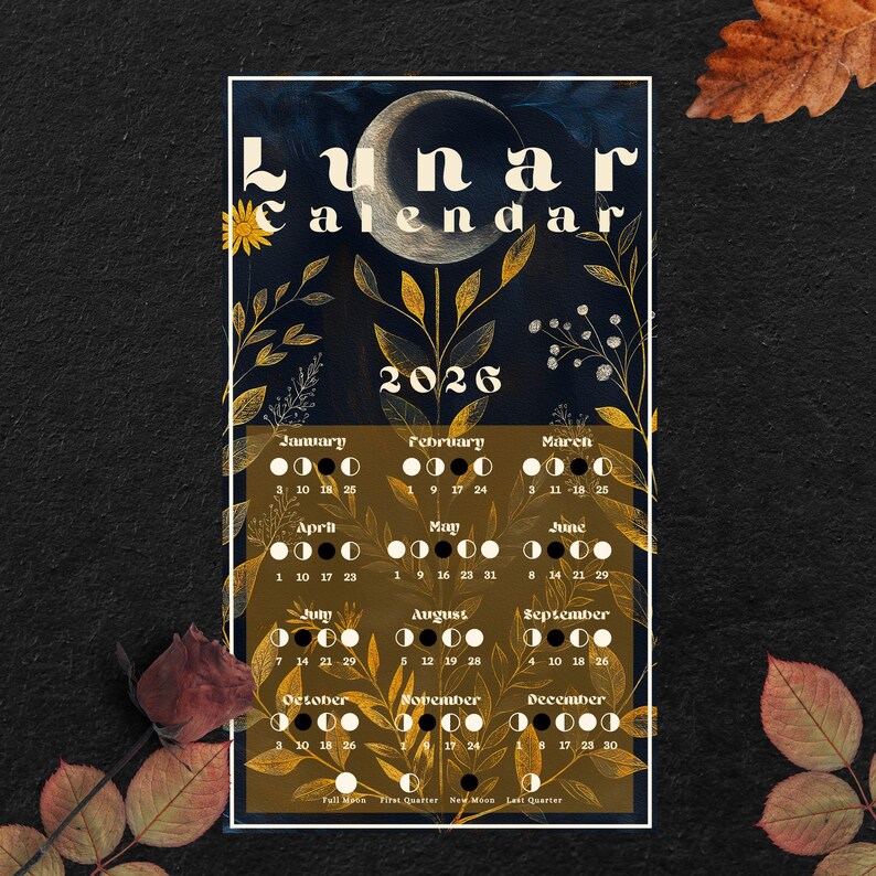 2026 Lunar Calendar Bundle: Folk Art Moon Phases, Botanical Design (PDF ...