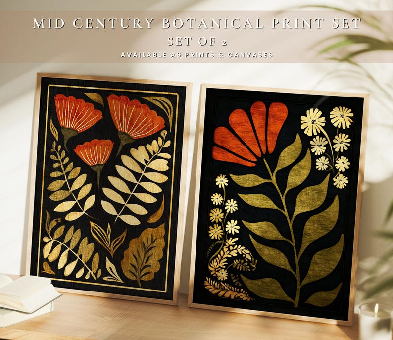 Mid Century Modern Wall Art Set of 2, Botanical Prints, MCM Decor - Etsy