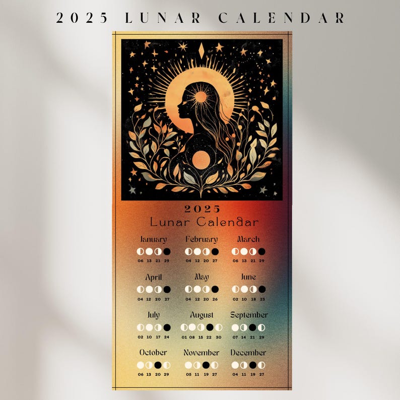 2025 Lunar Calendar Illustrated Moon Phase Wall Art Kitchen Botanical