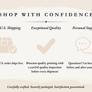 May include: A beige informational graphic with black text reading SHOP WITH CONFIDENCE. It features three sections with icons: a box with a checkmark for Free U.S. Shipping, a checkmark for Exceptional Quality, and speech bubbles for Personal Support.