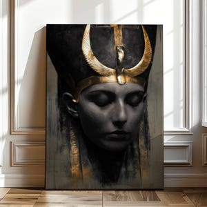 Impresión en lienzo de la diosa Hathor / Arte mural de poder egipcio / Decoración sagrada divina femenina / Protección espiritual y retrato de la mitología egipcia