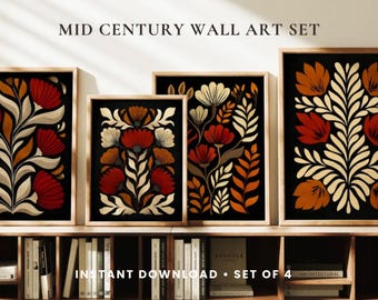 Set di 4 stampe da parete in stile Mid-Century, stampe botaniche, decorazioni floreali retrò, download digitale.