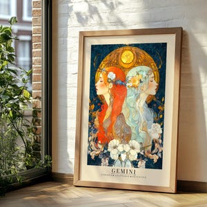 Gemini Zodiac Goddess Poster | Divine Feminine Art Nouveau Print | Astrology Goddess Home Decor | Star Sign Twin Goddesses Fine Art Wall Art