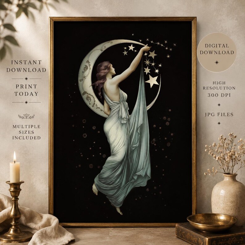 May include: A framed digital art print featuring a figure in a flowing white gown reaching toward a large crescent moon and stars against a black background. The text reads Instant Download, Print Today, Multiple Sizes Included, and High Resolution 300 DPI JPG Files.