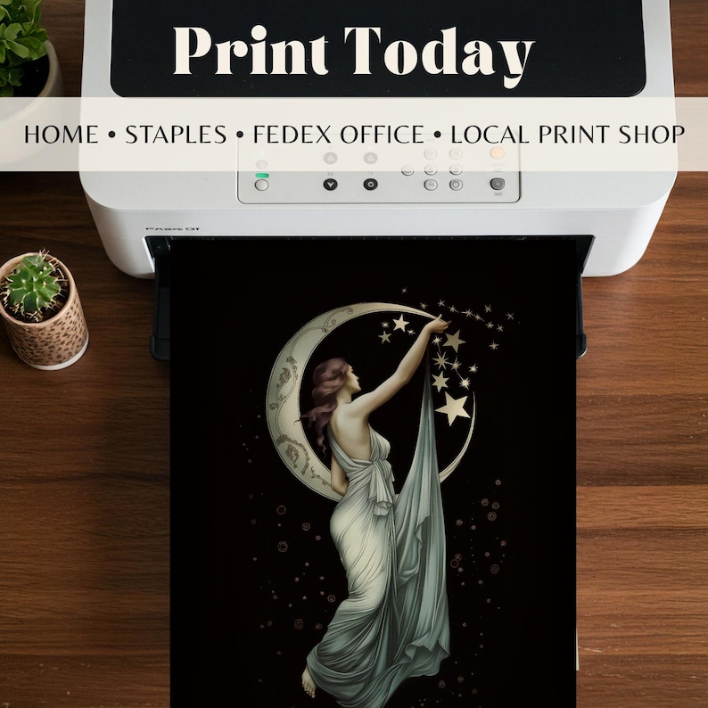 May include: A white printer displaying the text Print Today and Home Staples Fedex Office Local Print Shop. A printed sheet shows a figure in a flowing gown reaching toward a crescent moon and stars against a solid black background.