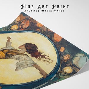 May include: A fine art print on archival matte paper featuring an illustration of a person with long flowing hair, wearing a white shirt and yellow sash, positioned within a circular frame against a yellow background with blue and orange accents.