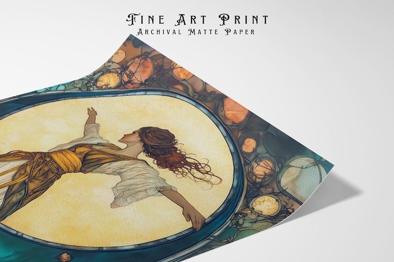 May include: A fine art print on archival matte paper featuring an illustration of a person with long flowing hair, wearing a white shirt and yellow sash, positioned within a circular frame against a yellow background with blue and orange accents.