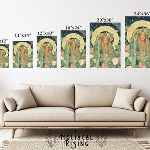 May include: Art print featuring a woman with long hair, adorned with flowers and a golden halo, set against a starry night backdrop. Available in various sizes, from 8"x12" to 24"x36". The artwork has a vintage aesthetic, with soft colors and floral elements.