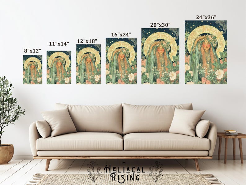 May include: Art print featuring a woman with long hair, adorned with flowers and a golden halo, set against a starry night backdrop. Available in various sizes, from 8"x12" to 24"x36". The artwork has a vintage aesthetic, with soft colors and floral elements.