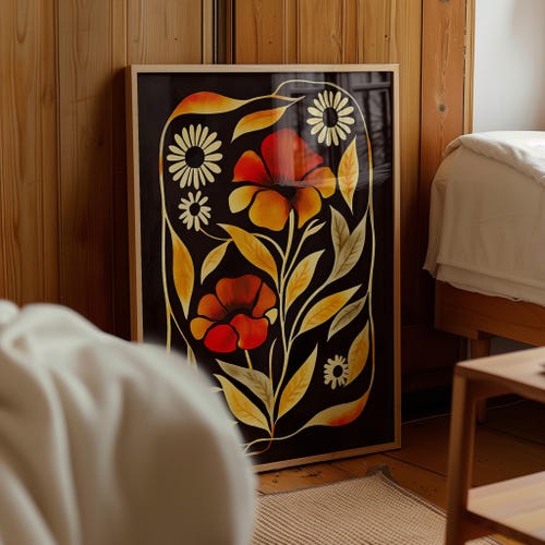 Impression botanique folklorique scandinave | Art mural moderne terreux chaud Neutre MCM Decor