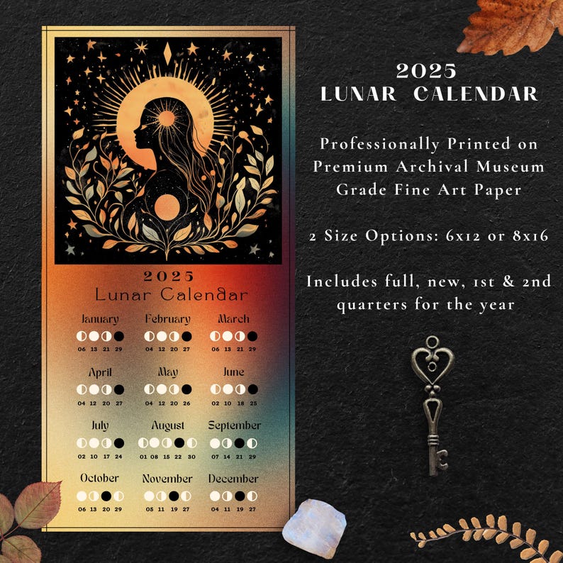 2025 Lunar Calendar Illustrated Moon Phase Wall Art Kitchen Botanical