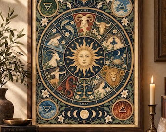 Zodiac Wheel Wall Art, Astrology Chart Print, Art Nouveau Celestial Poster, Vintage Astrological Decor