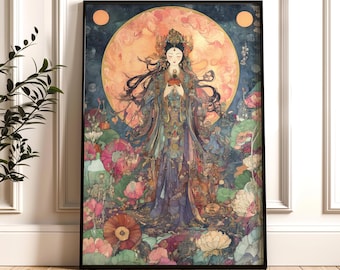Kwan Yin druckbare Wandkunst, Guan Yin Digital Download, Göttin des Mitgefühls Dekor